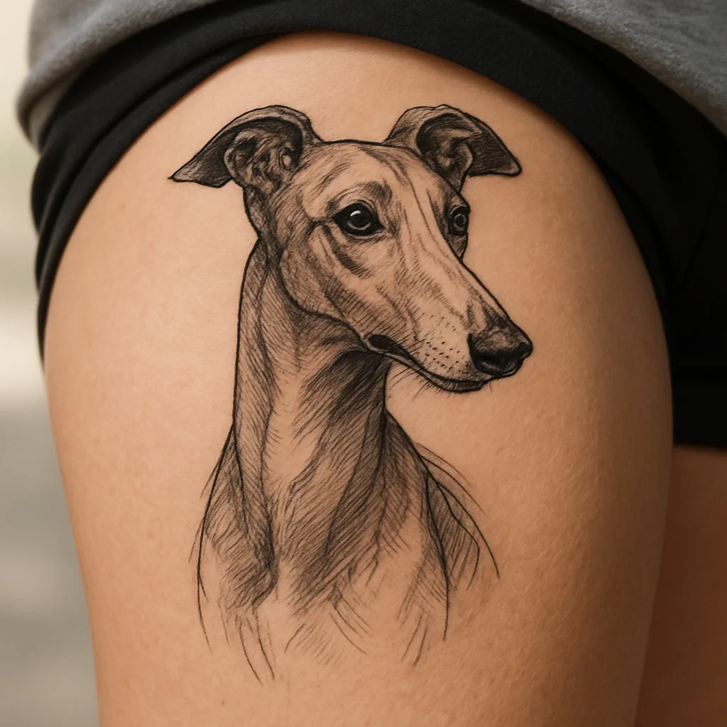 Illustrative greyhound portrait tattoo with three-quarter head turn and grey wash chest fur on thigh