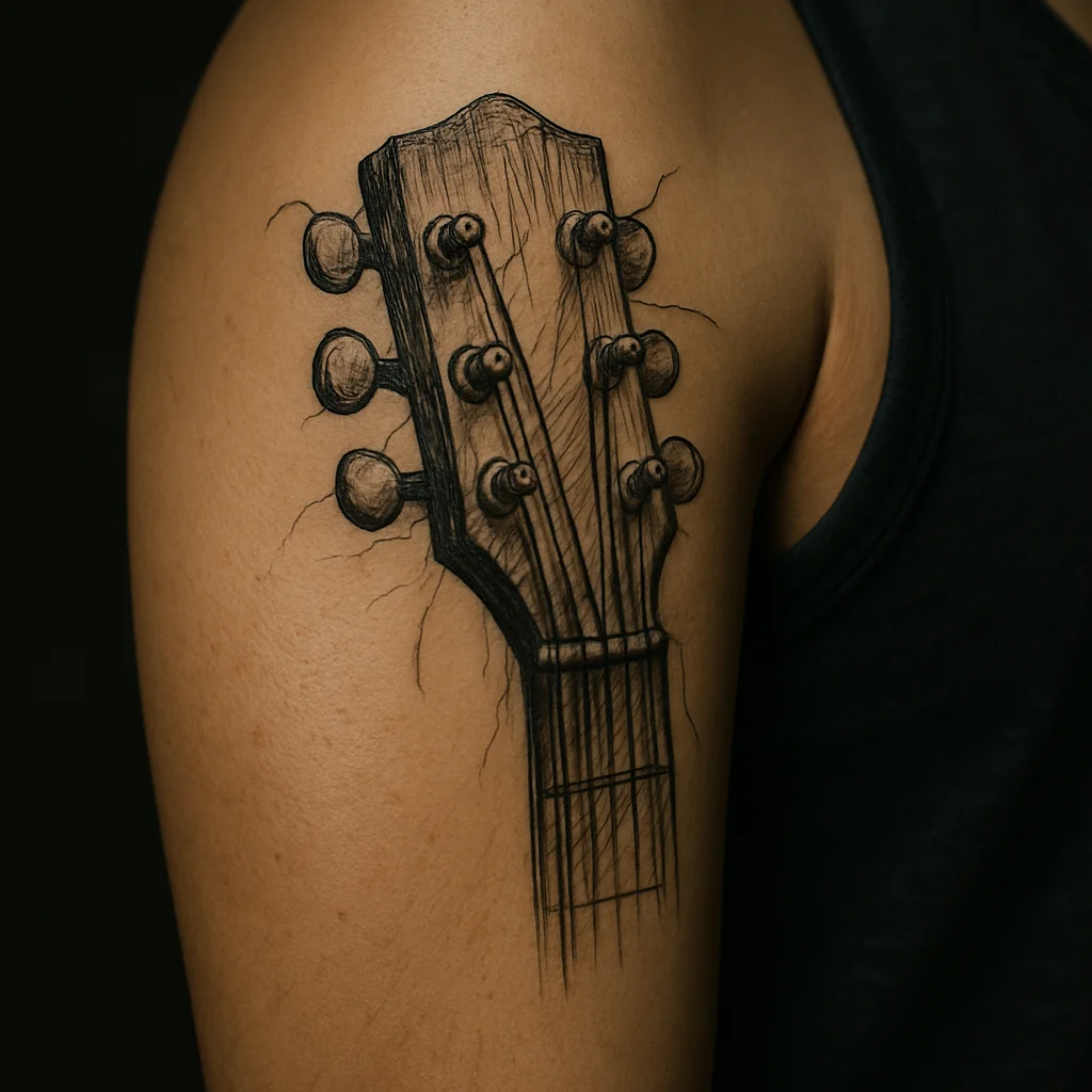 Illustrative guitar headstock tattoo with untrimmed strings on the upper arm