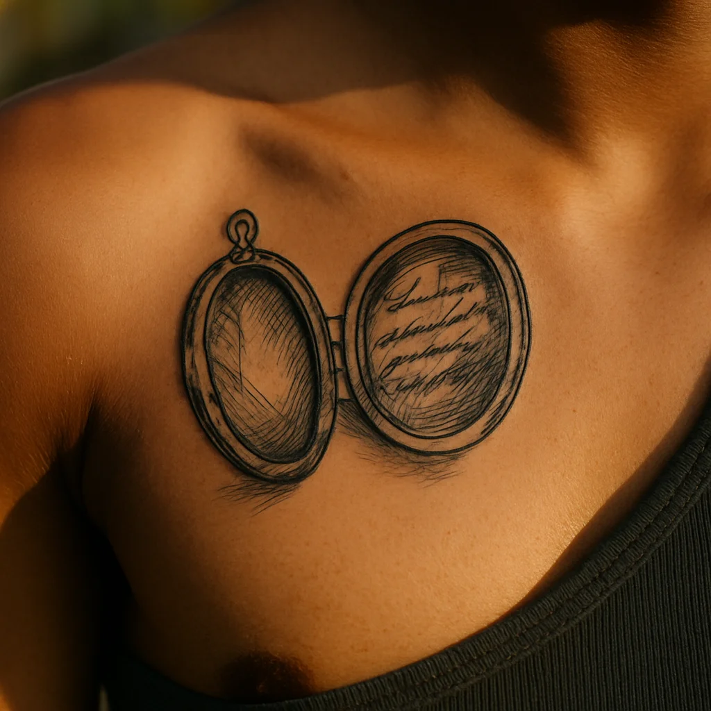 Illustrative half-open locket tattoo engraved with a mother's handwriting on the chest