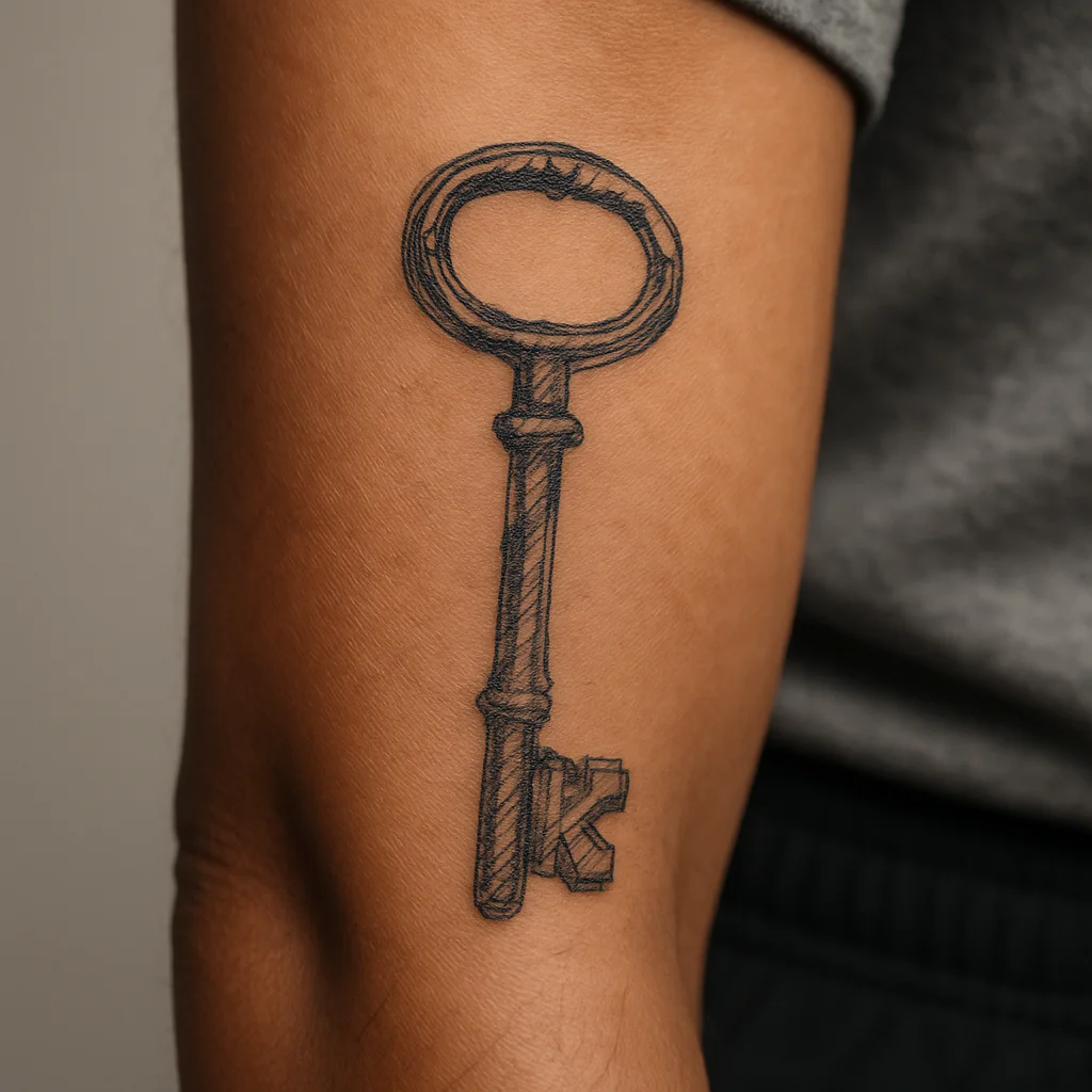 Illustrative hand-drawn key tattoo with worn teeth and irregular shank on the inner forearm