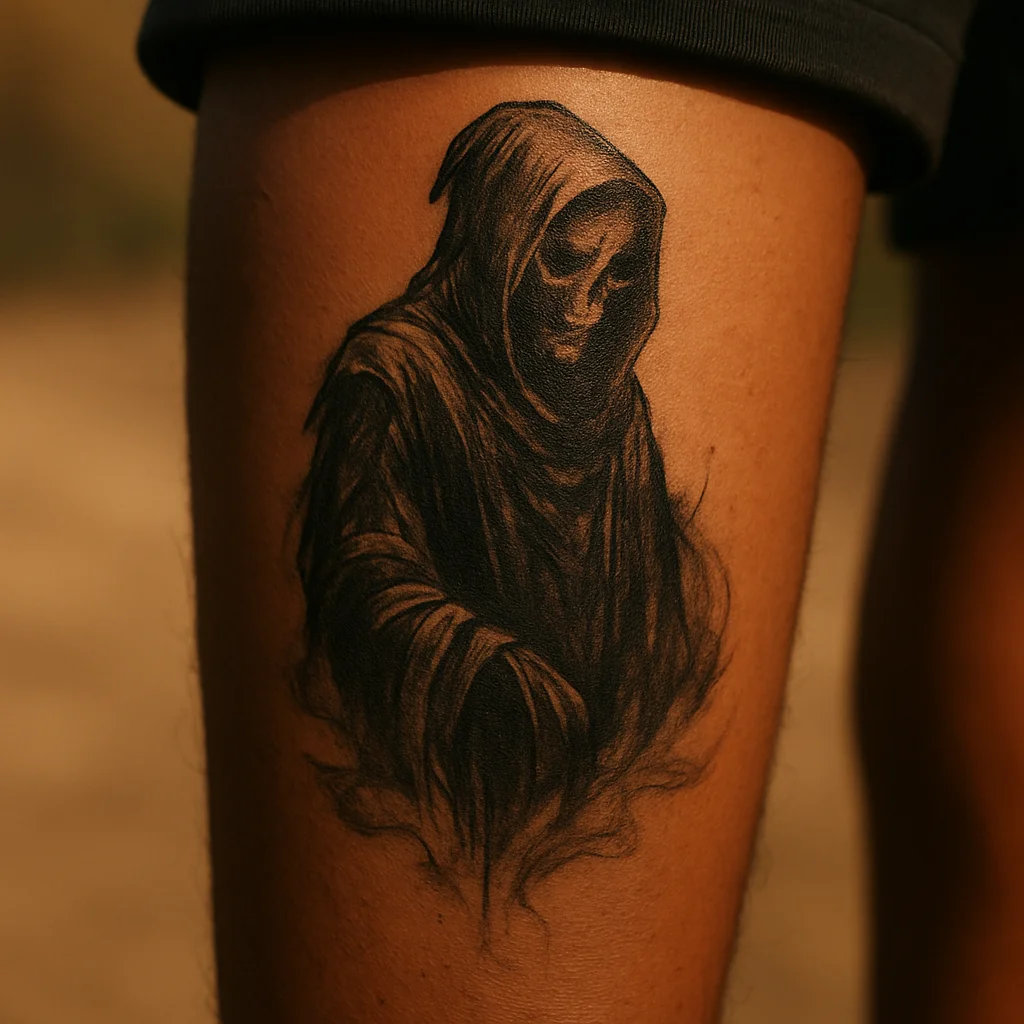 Illustrative hooded reaper tattoo running the length of a man's calf