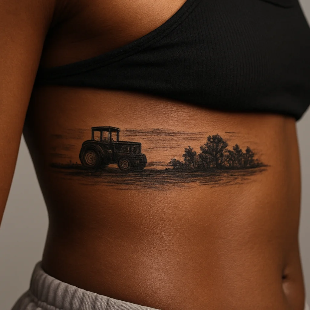 Illustrative horizon band tattoo with tractor and treeline on the side of the ribcage