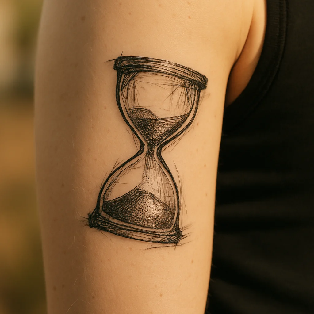 Illustrative hourglass tattoo with stippled sand on a woman's tricep