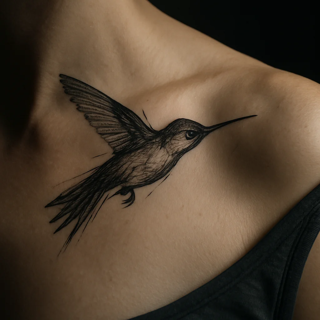 Illustrative hummingbird with stippled wings diving toward the outer collarbone
