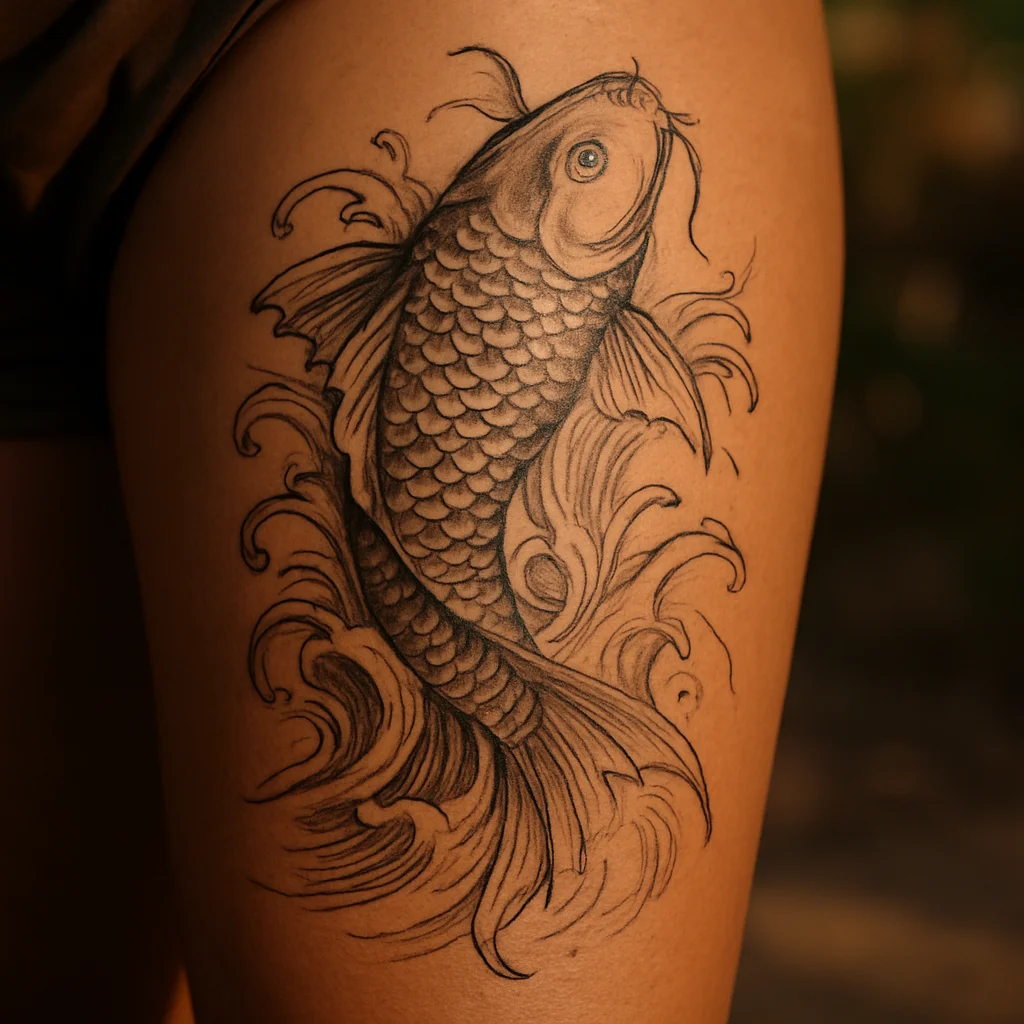 Illustrative koi and stylised waves running hip to knee along the outer thigh of a woman