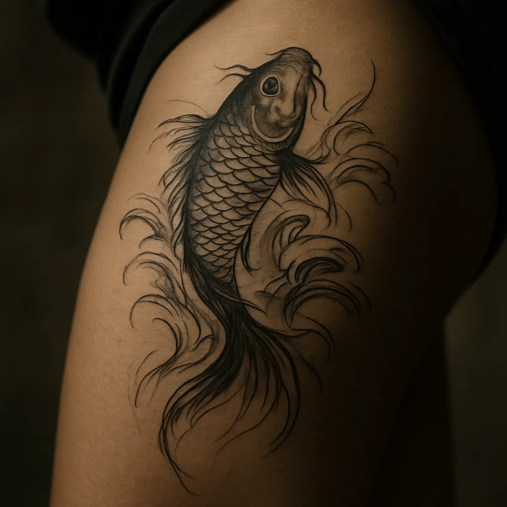 Illustrative koi and stylised waves tattoo running hip to knee on the outer thigh