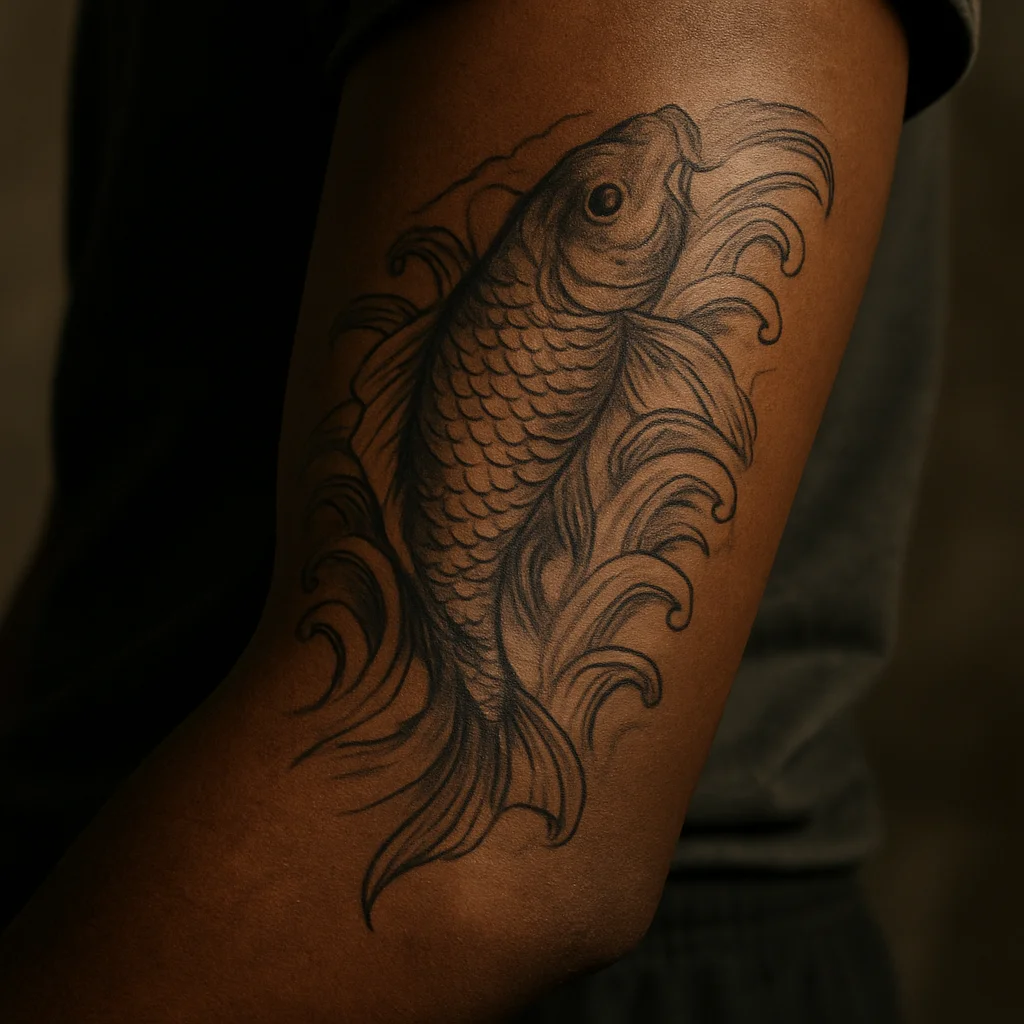 Illustrative koi ascending through Japanese waves along a man's outer forearm from elbow to wrist
