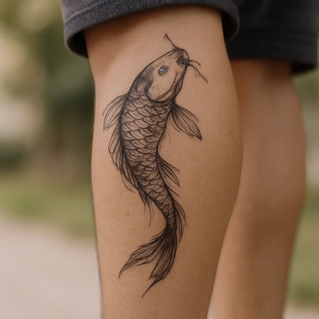 Illustrative koi curving around the calf muscle as if swimming up the leg