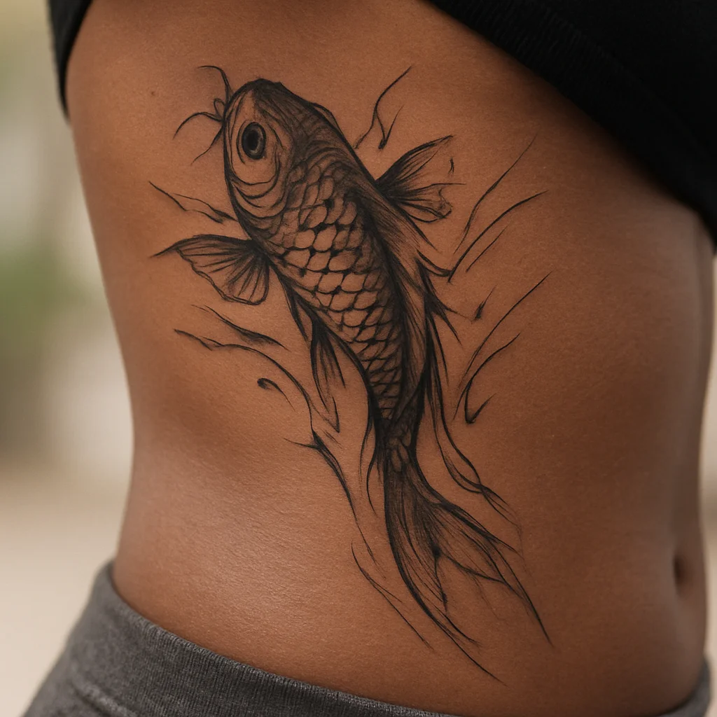 Illustrative koi swimming up the side of the ribcage with Japanese water lines
