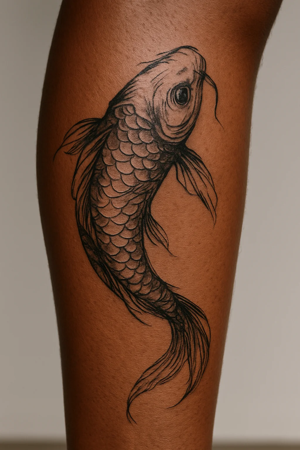 Illustrative koi tattoo curving around the calf following the muscle line
