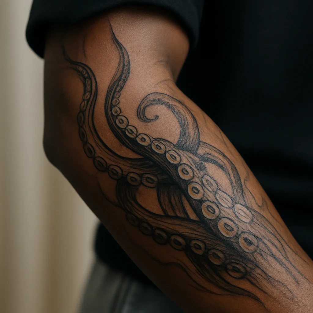 Illustrative kraken tentacles wrapping around a man's outer forearm toward the wrist