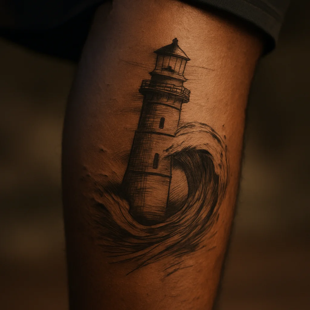 Illustrative lighthouse and breaking wave tattoo wrapping a man's outer calf