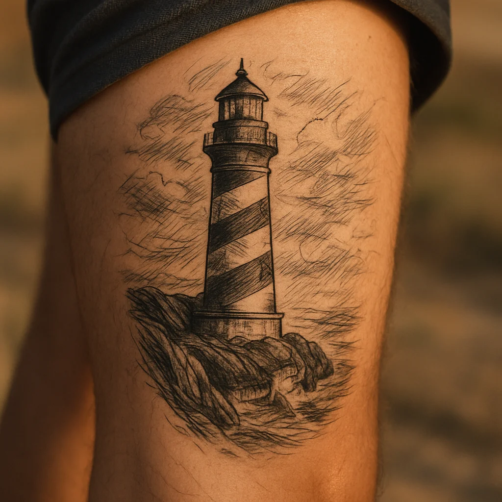 Illustrative lighthouse on a rocky headland tattooed on the calf
