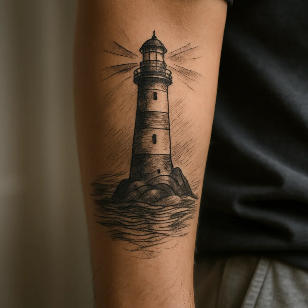 Illustrative lighthouse tattoo seen from the water with tapered beam rays on the outer forearm