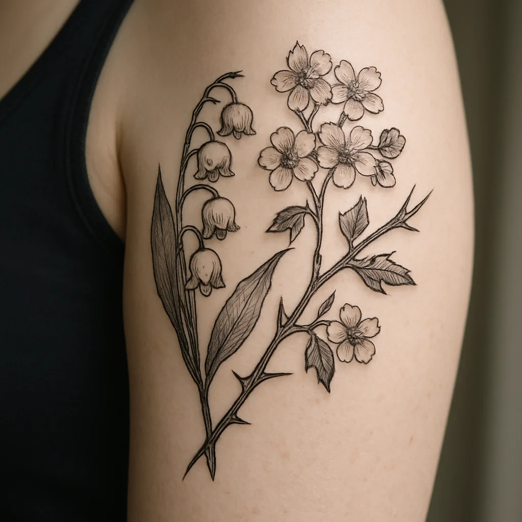 Illustrative lily of the valley and hawthorn blossom cluster tattooed on the upper arm