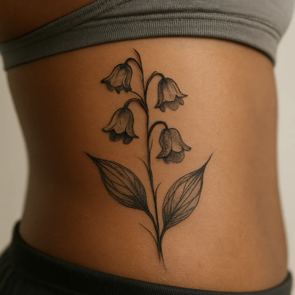 Illustrative lily of the valley stem with shaded bells along the side of the ribcage