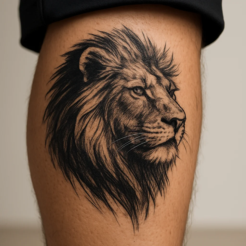 Illustrative lion head in three-quarter view tattooed on a man's outer calf
