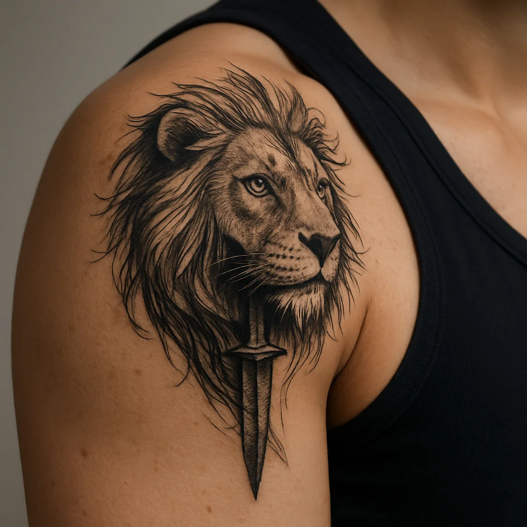 Illustrative lion head looking back over the rear shoulder with flowing mane