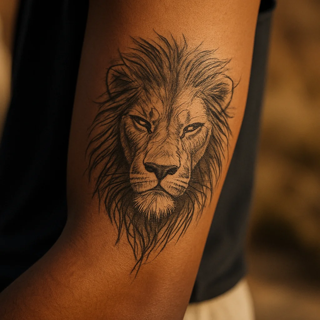 Illustrative lion head tattoo with whip-shaded mane on a man's outer forearm