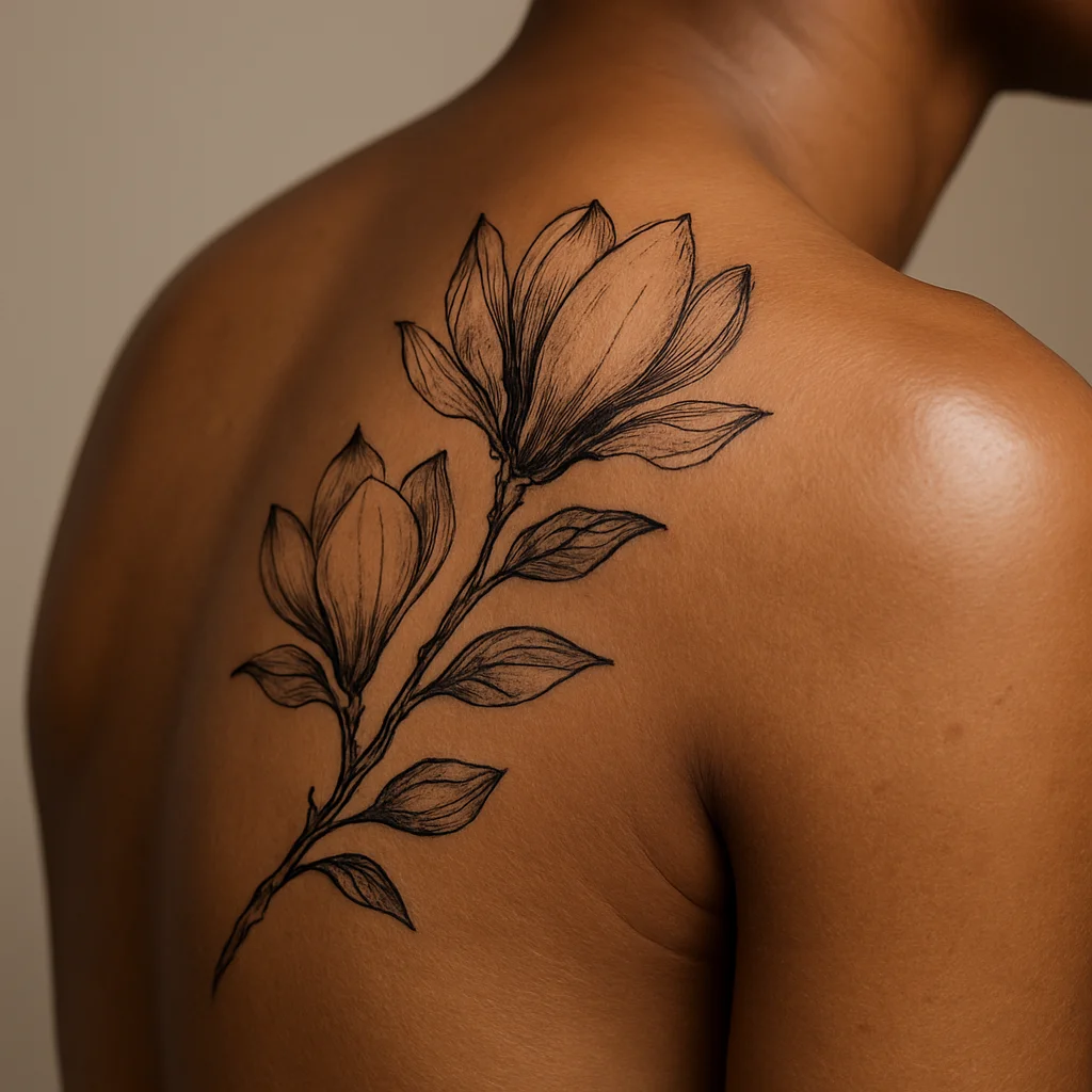 Illustrative magnolia branch tattoo with two blooms and a bud on the shoulder blade