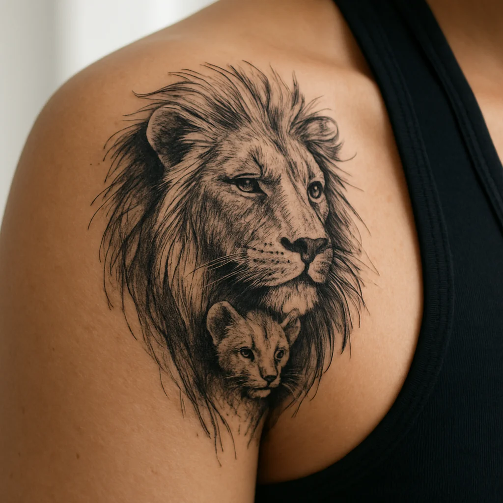 Illustrative maned lion head tattooed on the shoulder as the larger half of a lion and cub pair