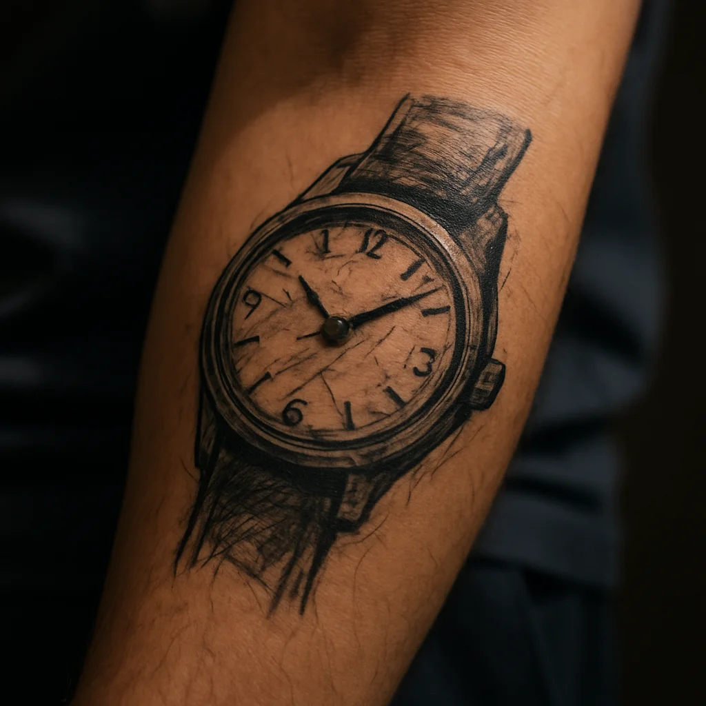 Illustrative memorial wristwatch tattoo with stopped hands on the inner forearm
