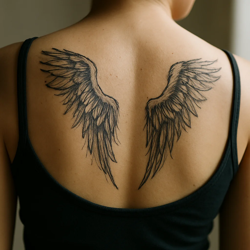 Illustrative mirrored feather wings spanning both shoulder blades on the upper back