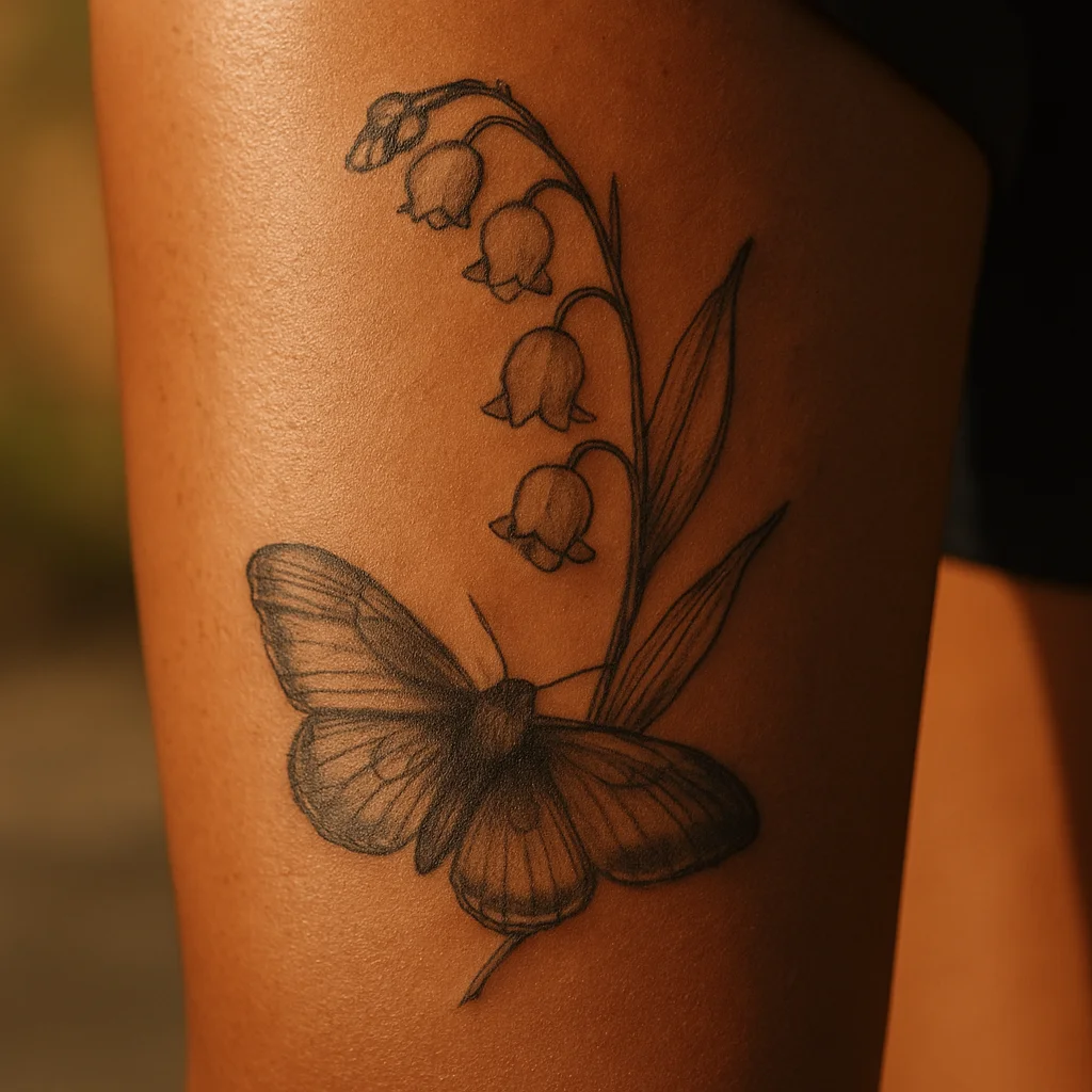 Illustrative moth and lily of the valley stem tattooed on the calf