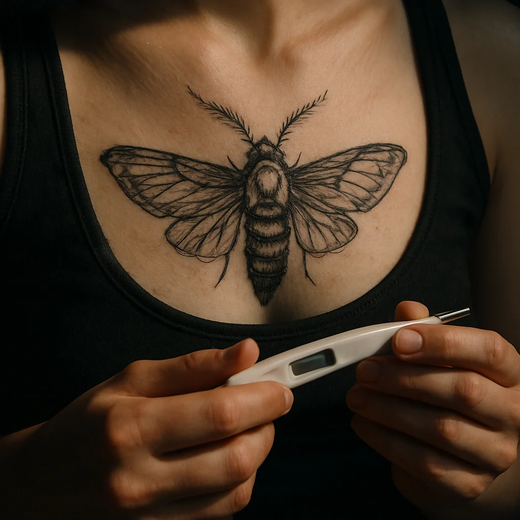Illustrative moth chest tattoo on someone checking a fever with a thermometer during healing