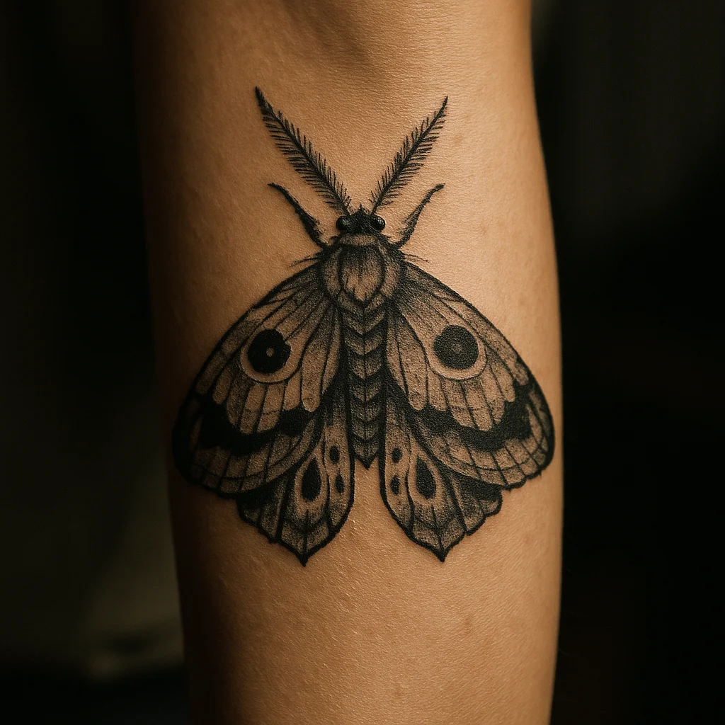 Illustrative moth tattoo with patterned wings and stippled shading on the inner forearm
