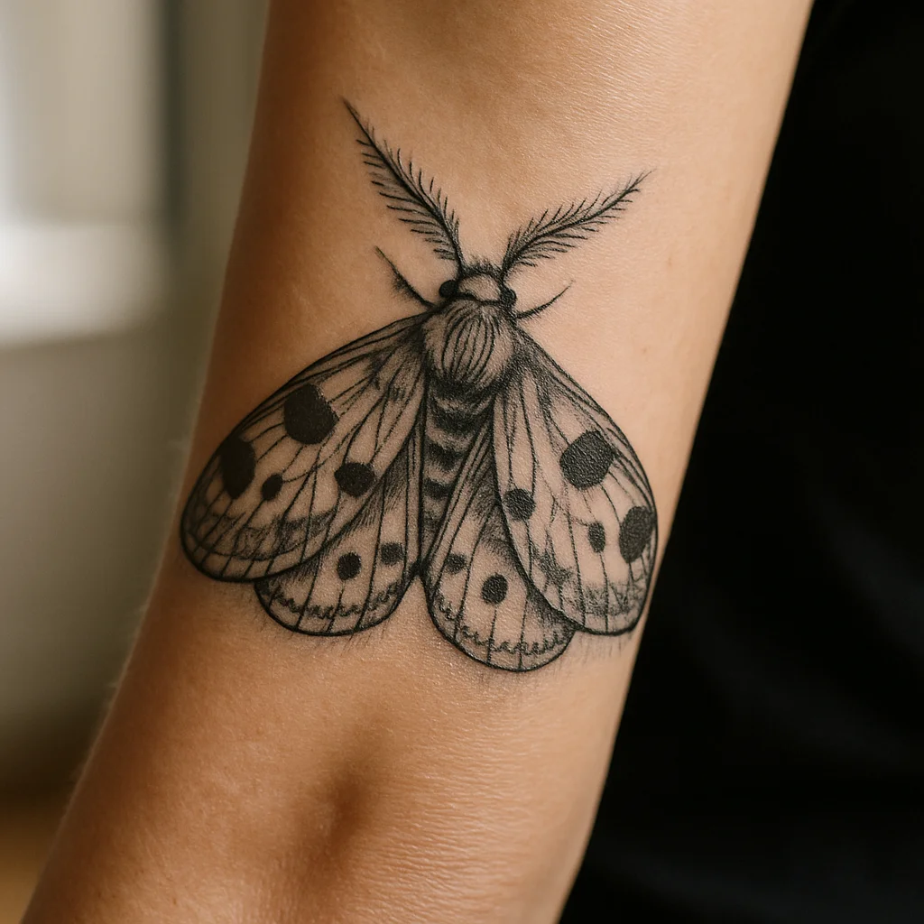 Illustrative moth with patterned wings and stipple shading tattoo centered on inner forearm