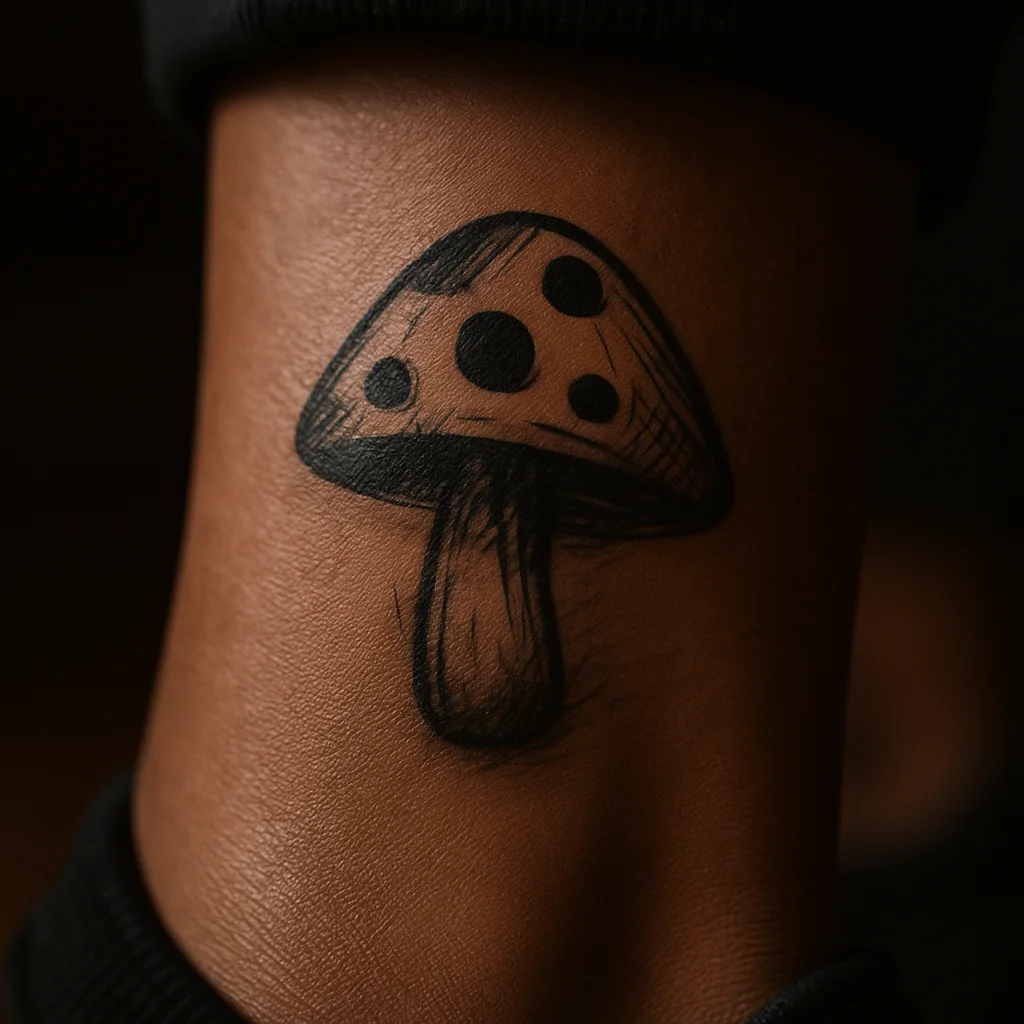 Illustrative mushroom with domed cap and solid dot spots tattooed on the ankle