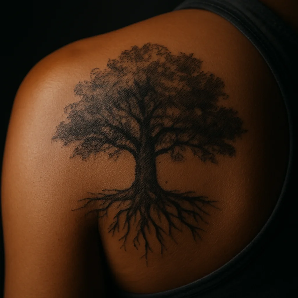 Illustrative oak tree with exposed roots tattooed across the shoulder blade