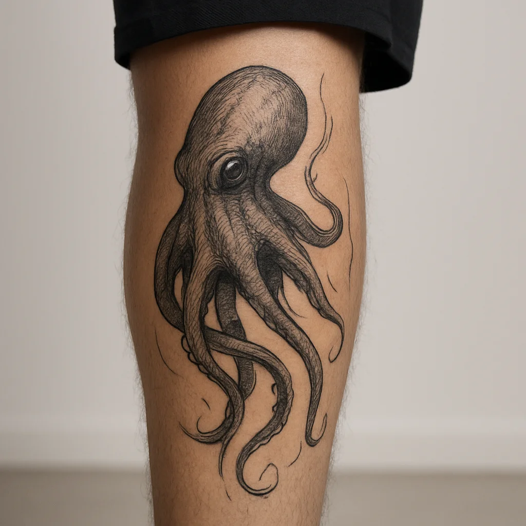 Illustrative octopus tattoo with tentacles wrapping from calf to shin on a man's leg
