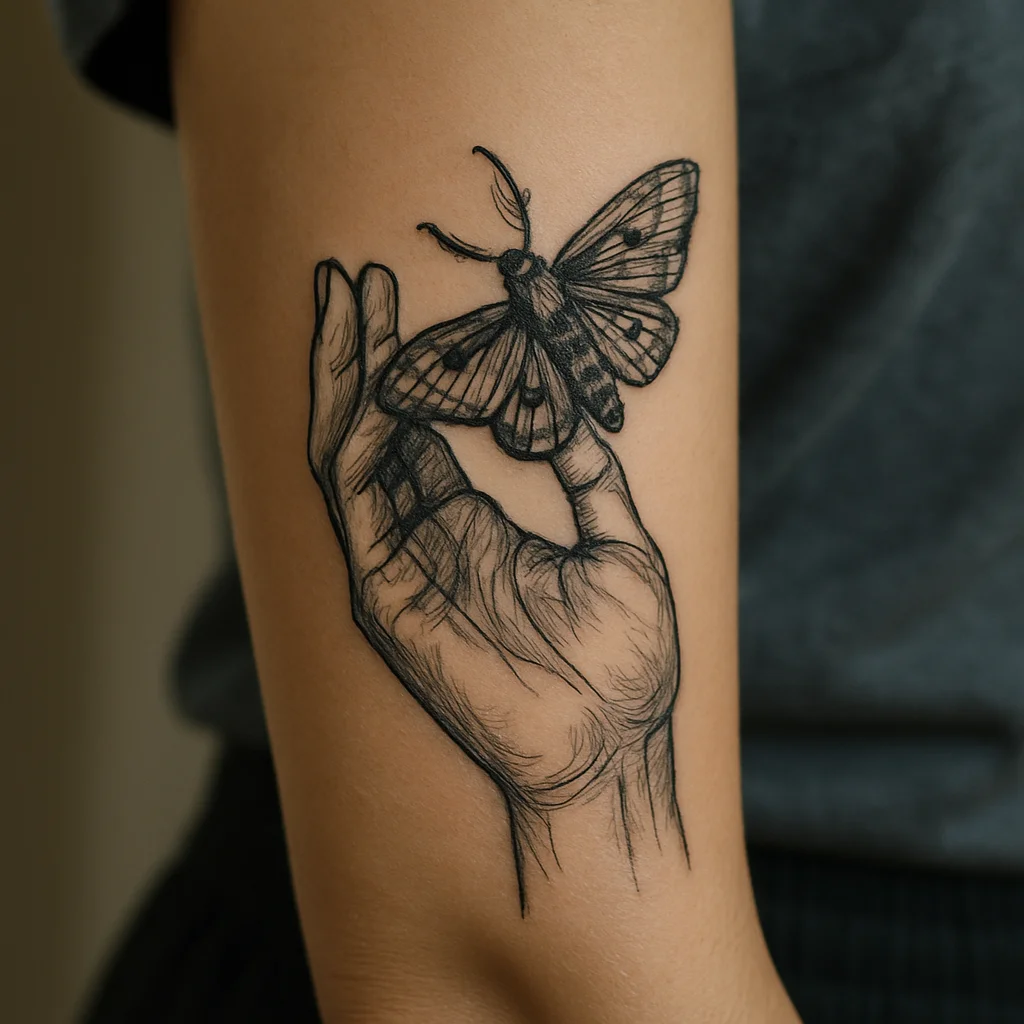Illustrative open hand holding a moth tattooed the length of the inner forearm