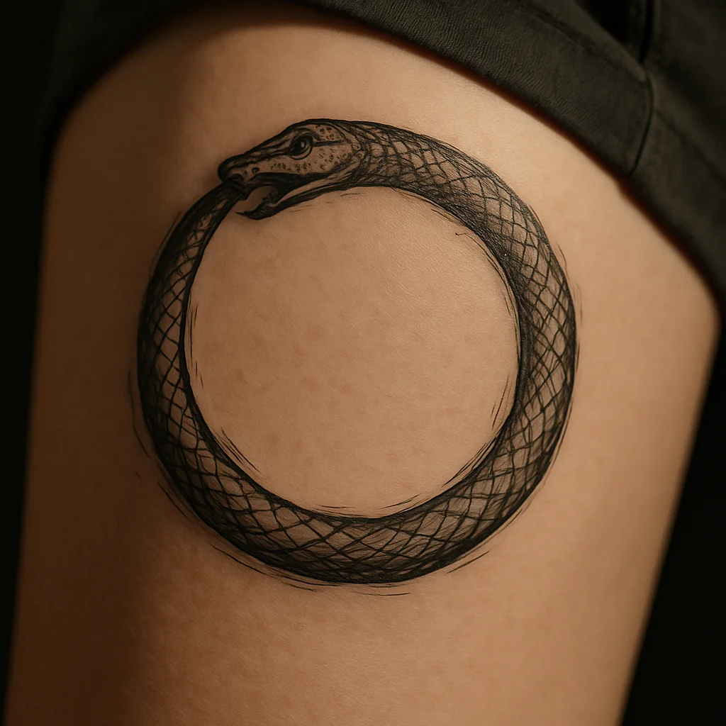 Illustrative ouroboros snake band tattoo circling the thigh with tail in mouth