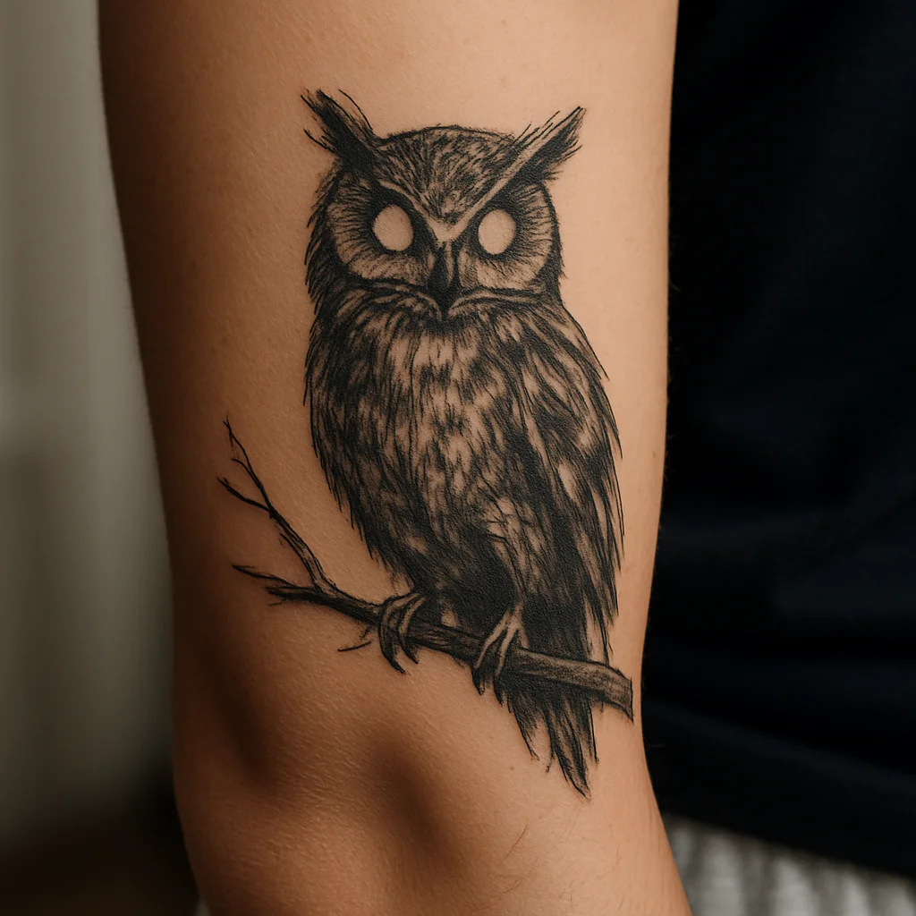 Illustrative owl tattoo perched on a bare branch along a man's outer forearm