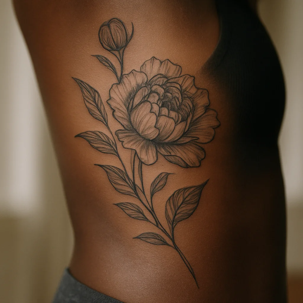 Illustrative peony and leaf cluster running from underarm to waist on the ribcage