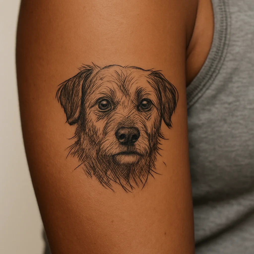 Illustrative pet portrait tattoo tucked on a woman's inner upper arm