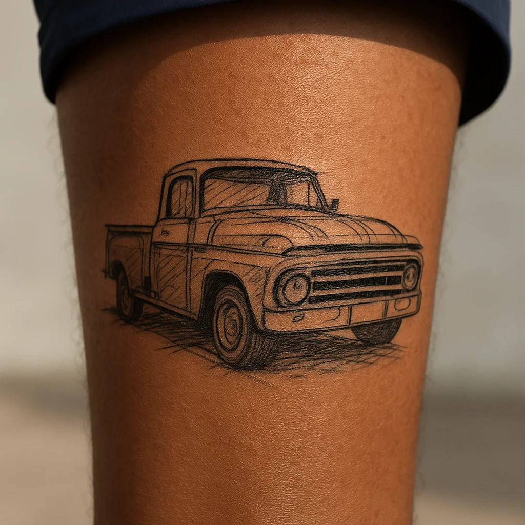 Illustrative pickup truck memorial tattoo in three-quarter view on the calf