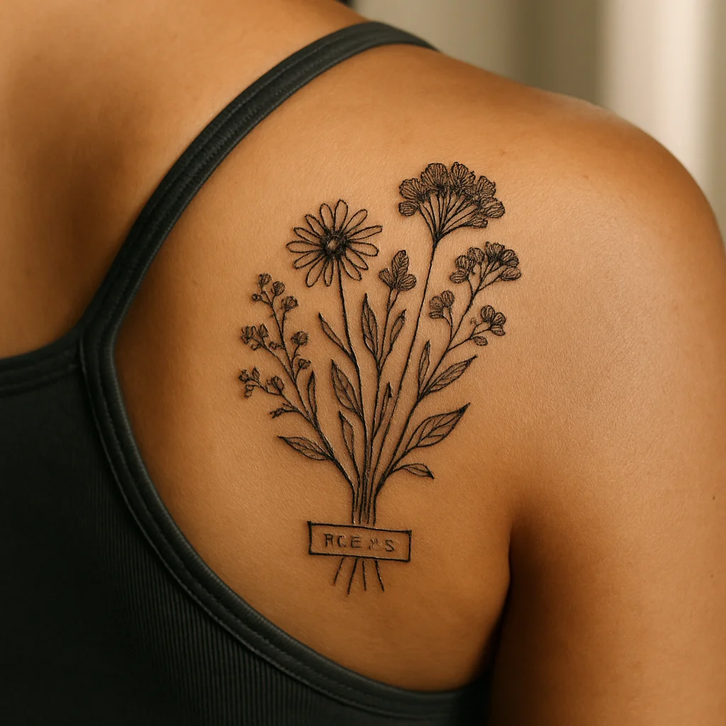 Illustrative pressed wildflower herbarium cluster with hand-lettered species label tattoo on shoulder blade