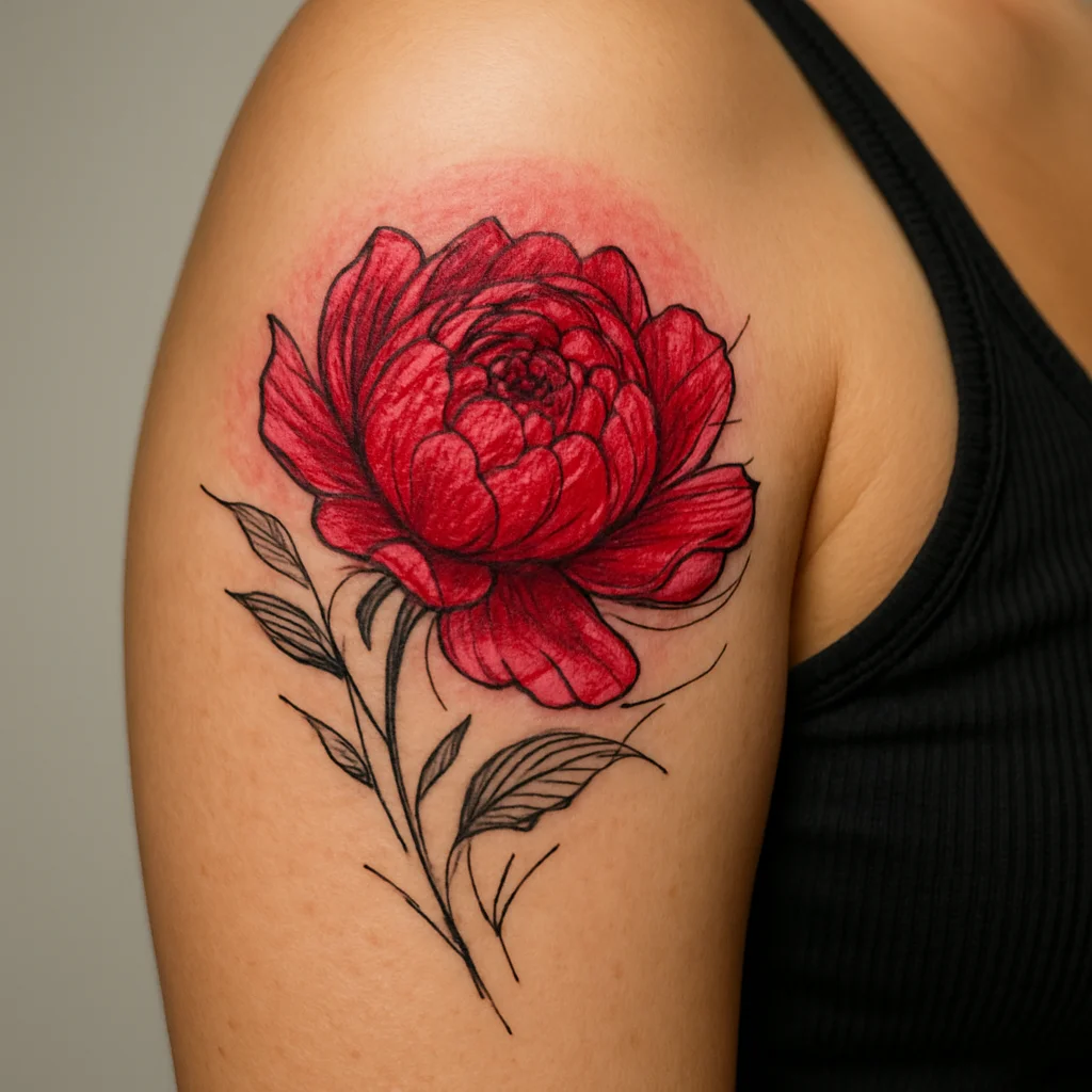 Illustrative red peony tattoo with a pink halo around the red petals on the upper arm