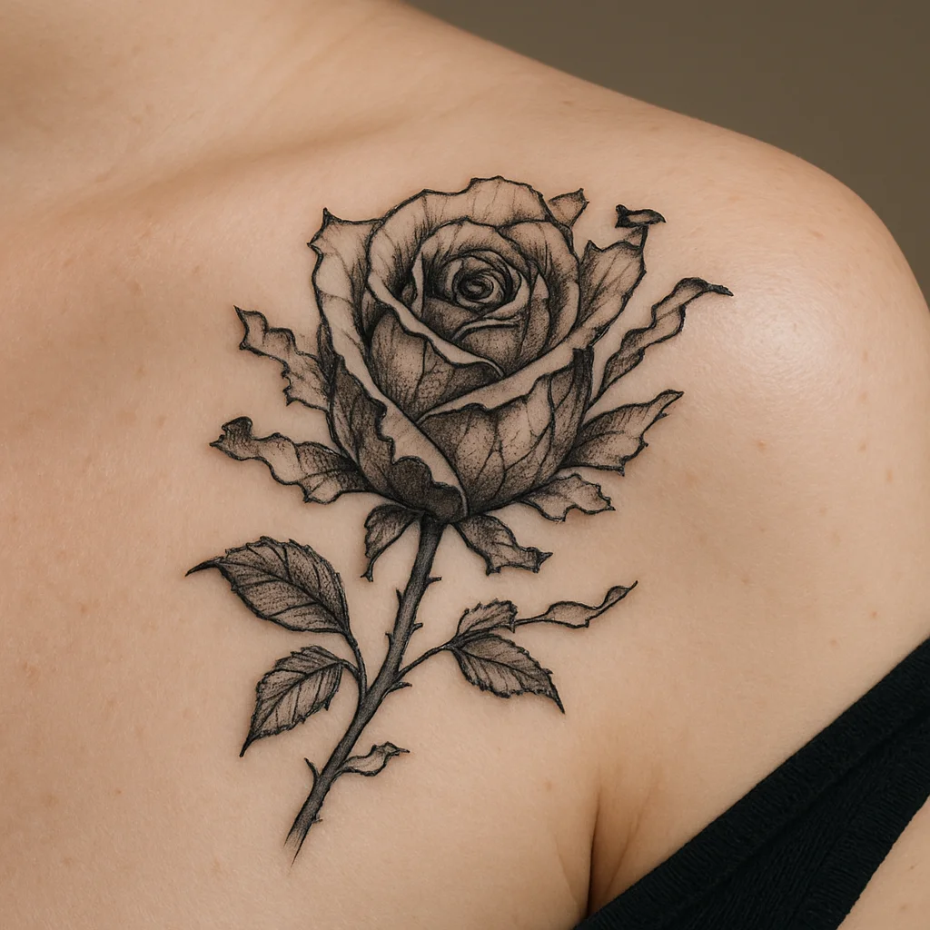 Illustrative rose tattoo mid-peel with curling flakes on the shoulder around day six
