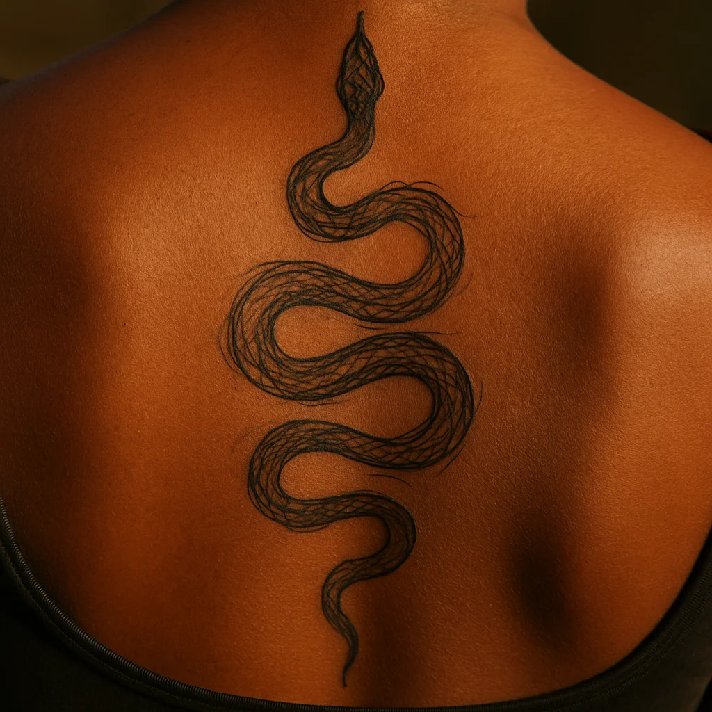 Illustrative serpent tattoo coiling down the spine with its head resting at the nape of the neck