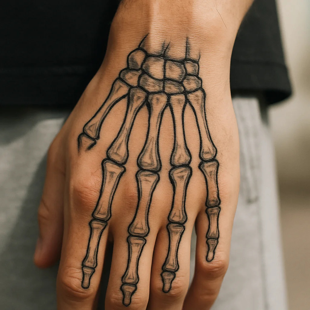 Illustrative skeleton hand tattoo with thick bone outlines aligned over the metacarpals