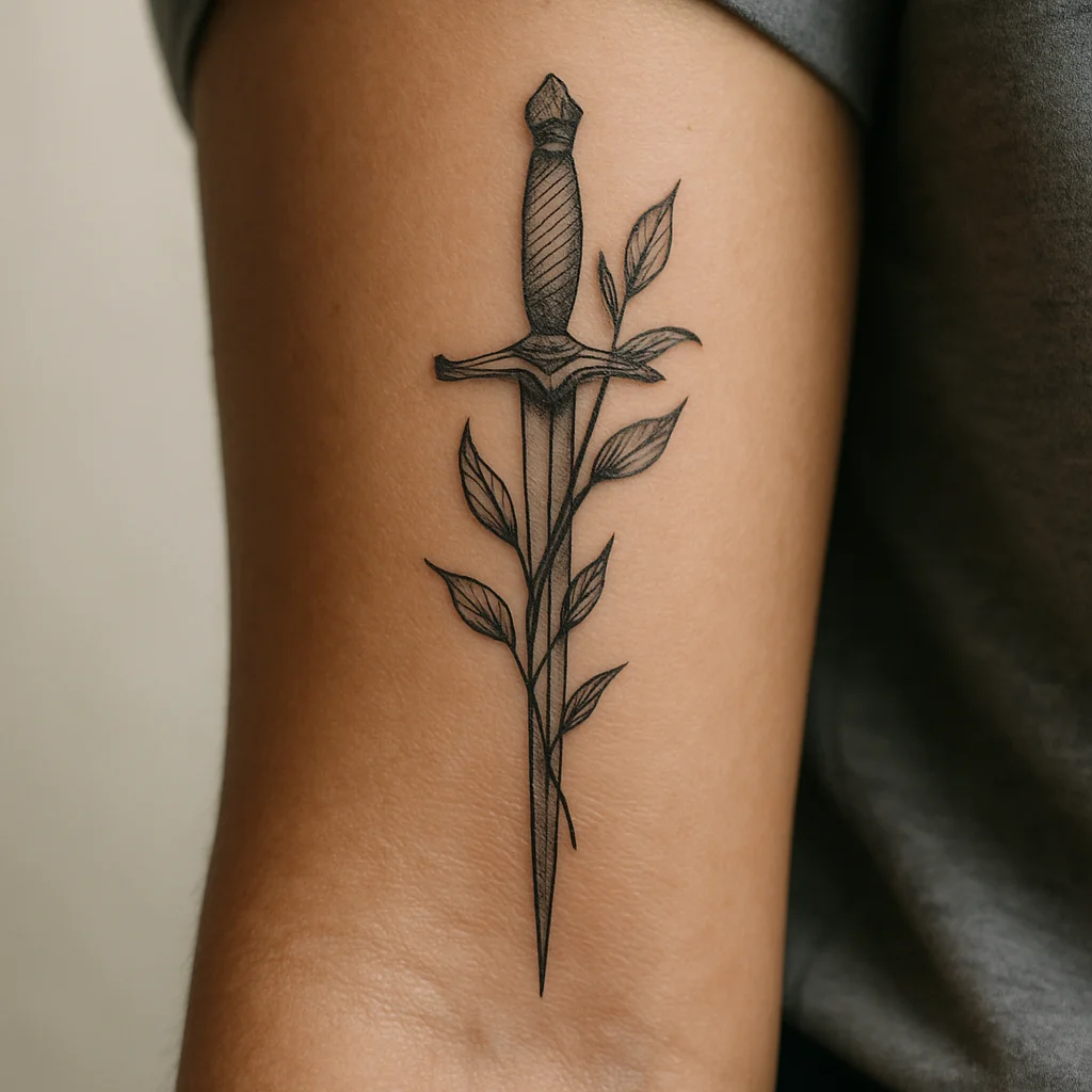 Illustrative slim dagger with a botanical stem around the hilt tattooed on the inner forearm