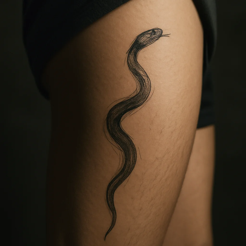 Illustrative slim snake tattoo curving down the back of the thigh with head lifted near the knee