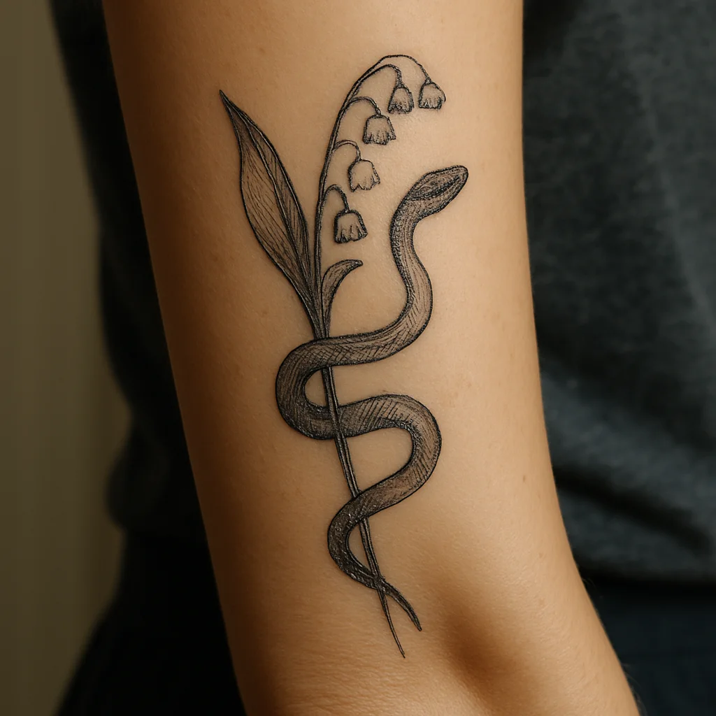 Illustrative snake coiled around a lily of the valley stem on the outer forearm