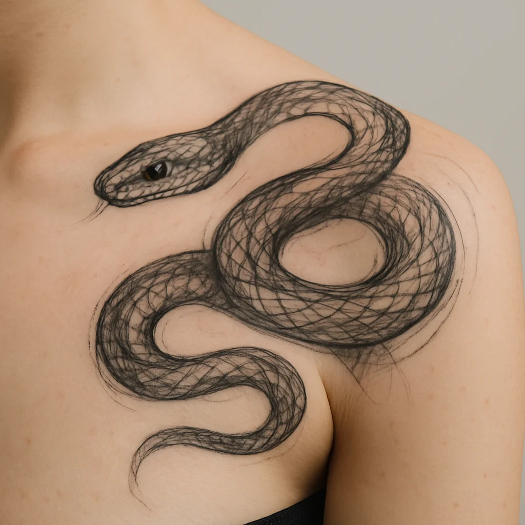 Illustrative snake coiling from the outer collarbone over the shoulder