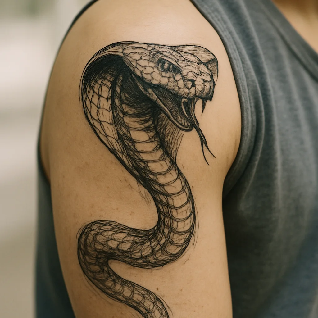 Illustrative snake head on the front deltoid with body descending the upper arm